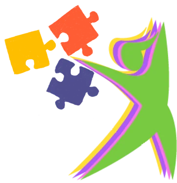 Character in green with yellow, pink and purple shadow, and puzzle pieces next to it